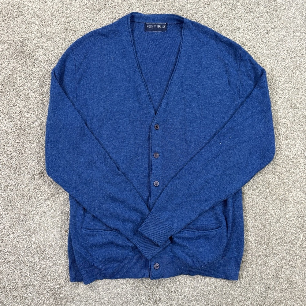 Robert Bruce Wool Cardigan Sweater L Blue Button Front V Neck Pockets Casual VTG